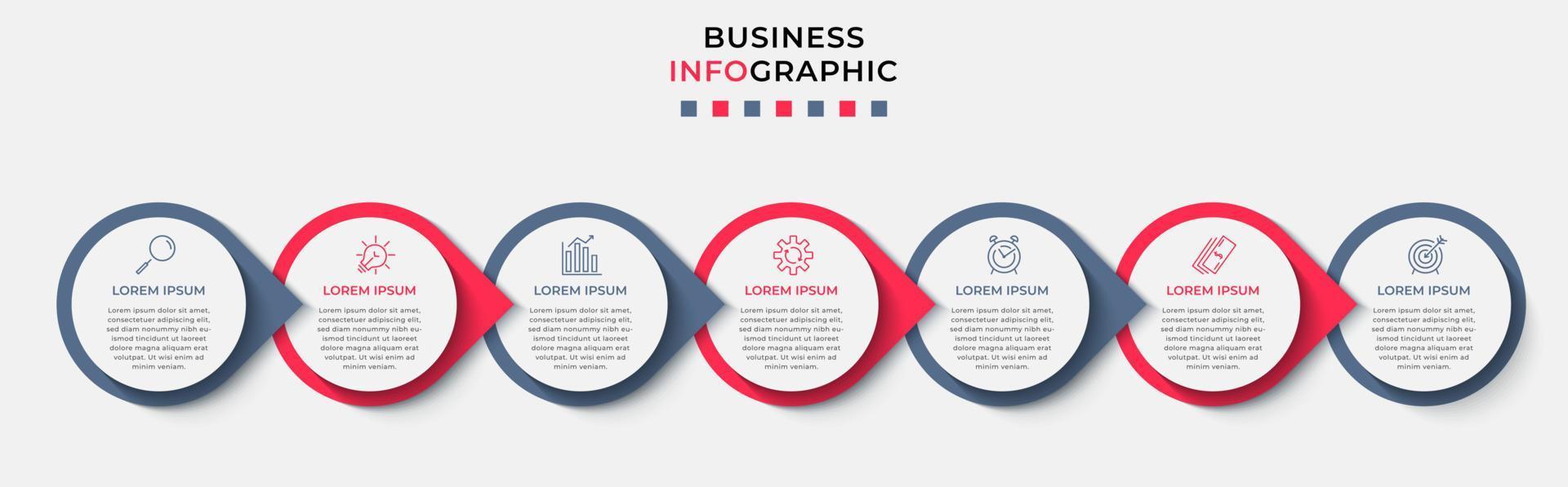 vector de plantilla de diseño infográfico empresarial con iconos y 7 opciones o pasos. se puede utilizar para diagramas de proceso, presentaciones, diseño de flujo de trabajo, pancarta, diagrama de flujo, gráfico de información