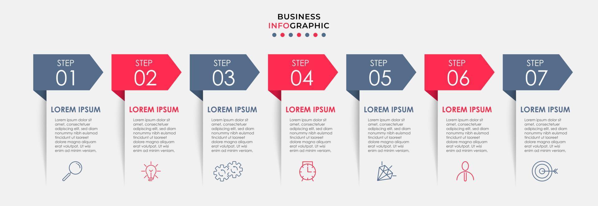 Business Infographic design template Vector with icons and 7 options or steps. Can be used for process diagram, presentations, workflow layout, banner, flow chart, info graph