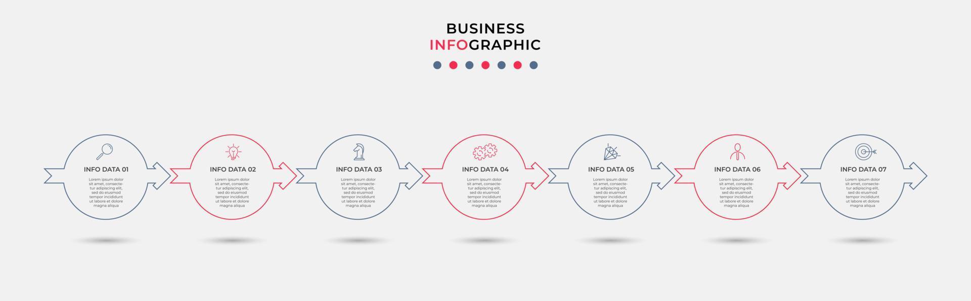 vector de plantilla de diseño infográfico empresarial con iconos y 7 opciones o pasos. se puede utilizar para diagramas de proceso, presentaciones, diseño de flujo de trabajo, pancarta, diagrama de flujo, gráfico de información