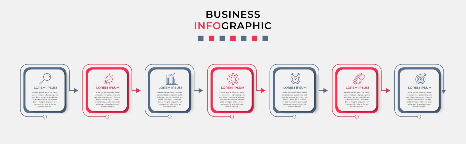 Business Infographic design template Vector with icons and 7 options or steps. Can be used for process diagram, presentations, workflow layout, banner, flow chart, info graph