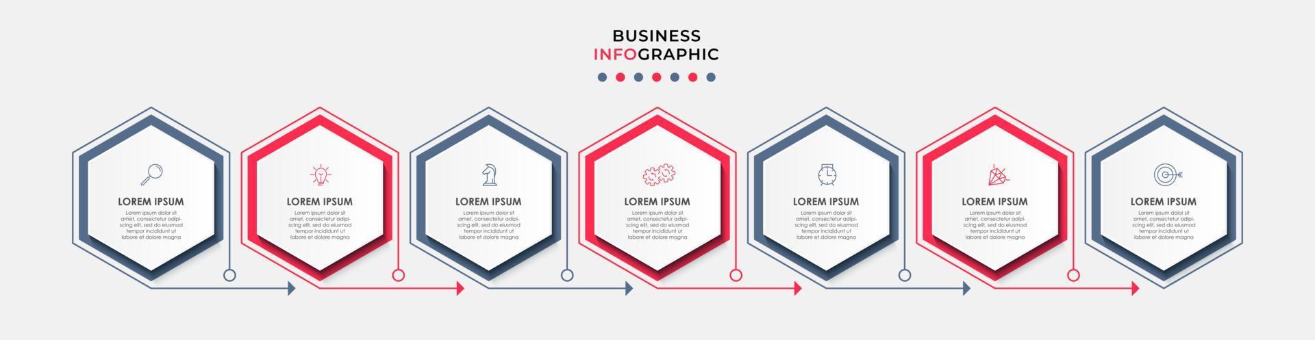 Business Infographic design template Vector with icons and 7 options or steps. Can be used for process diagram, presentations, workflow layout, banner, flow chart, info graph