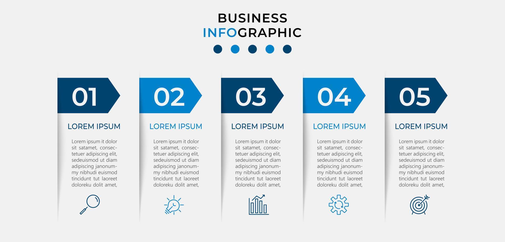 plantilla de negocio de diseño infográfico vectorial con iconos y 5 opciones o pasos. se puede utilizar para diagramas de procesos, presentaciones, diseño de flujo de trabajo, pancartas, diagramas de flujo, gráficos de información vector