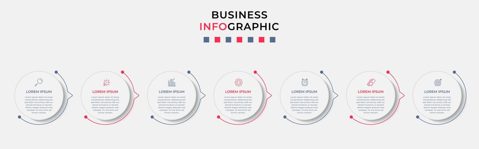 Business Infographic design template Vector with icons and 7 options or steps. Can be used for process diagram, presentations, workflow layout, banner, flow chart, info graph