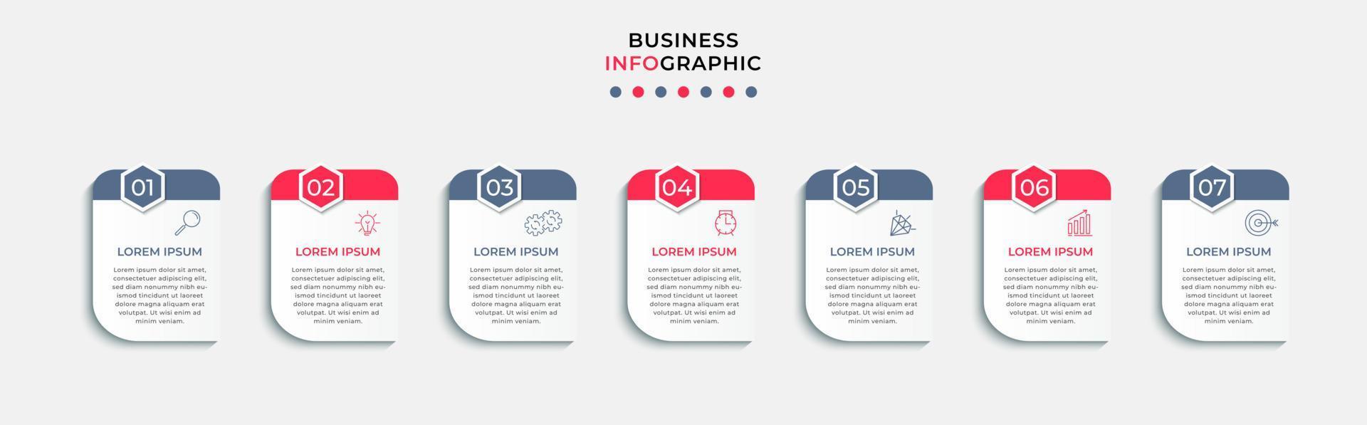 Business Infographic design template Vector with icons and 7 options or steps. Can be used for process diagram, presentations, workflow layout, banner, flow chart, info graph