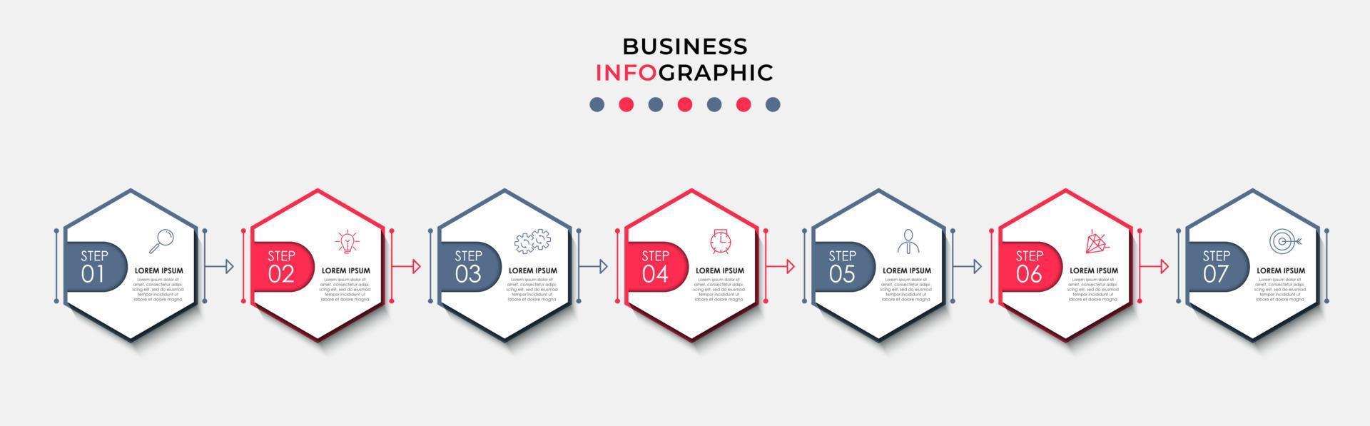 Business Infographic design template Vector with icons and 7 options or steps. Can be used for process diagram, presentations, workflow layout, banner, flow chart, info graph