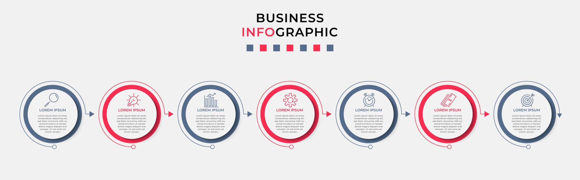 Business Infographic design template Vector with icons and 7 options or steps. Can be used for process diagram, presentations, workflow layout, banner, flow chart, info graph