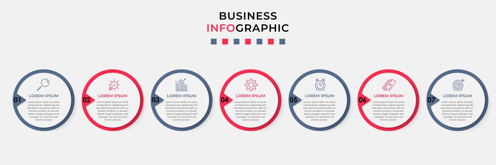 Business Infographic design template Vector with icons and 7 options or steps. Can be used for process diagram, presentations, workflow layout, banner, flow chart, info graph
