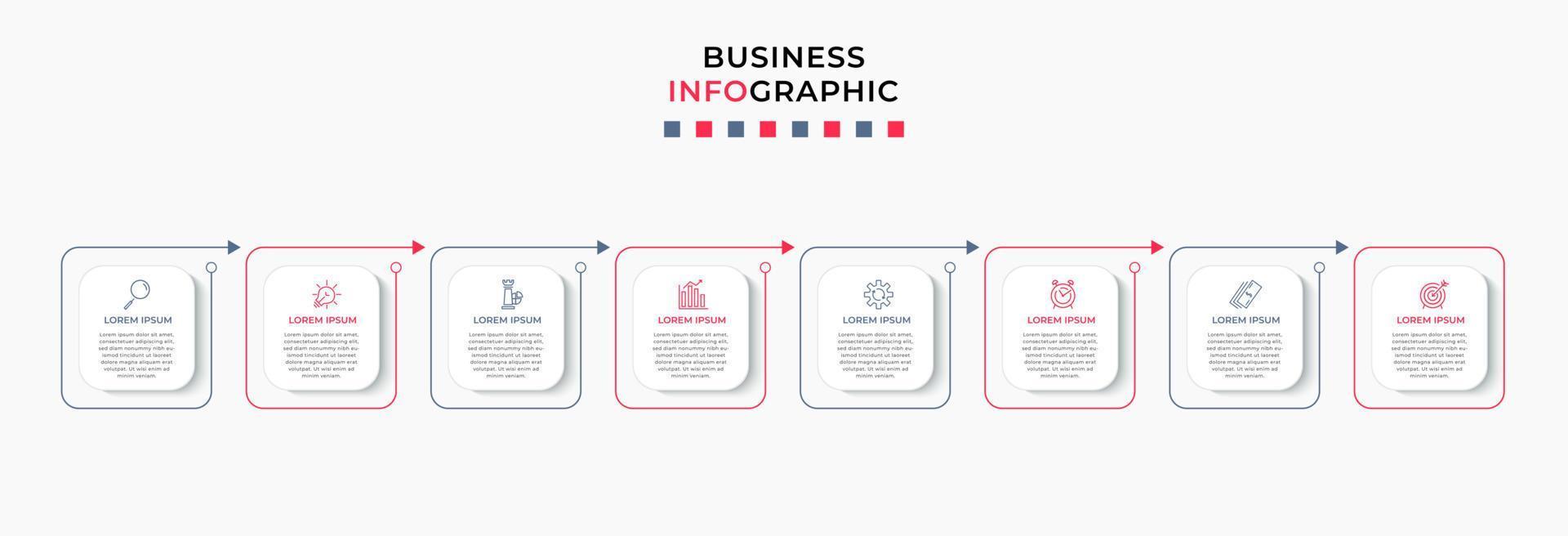 plantilla de negocio de diseño infográfico vectorial con iconos y 8 opciones o pasos. se puede utilizar para diagramas de proceso, presentaciones, diseño de flujo de trabajo, pancarta, diagrama de flujo, gráfico de información vector