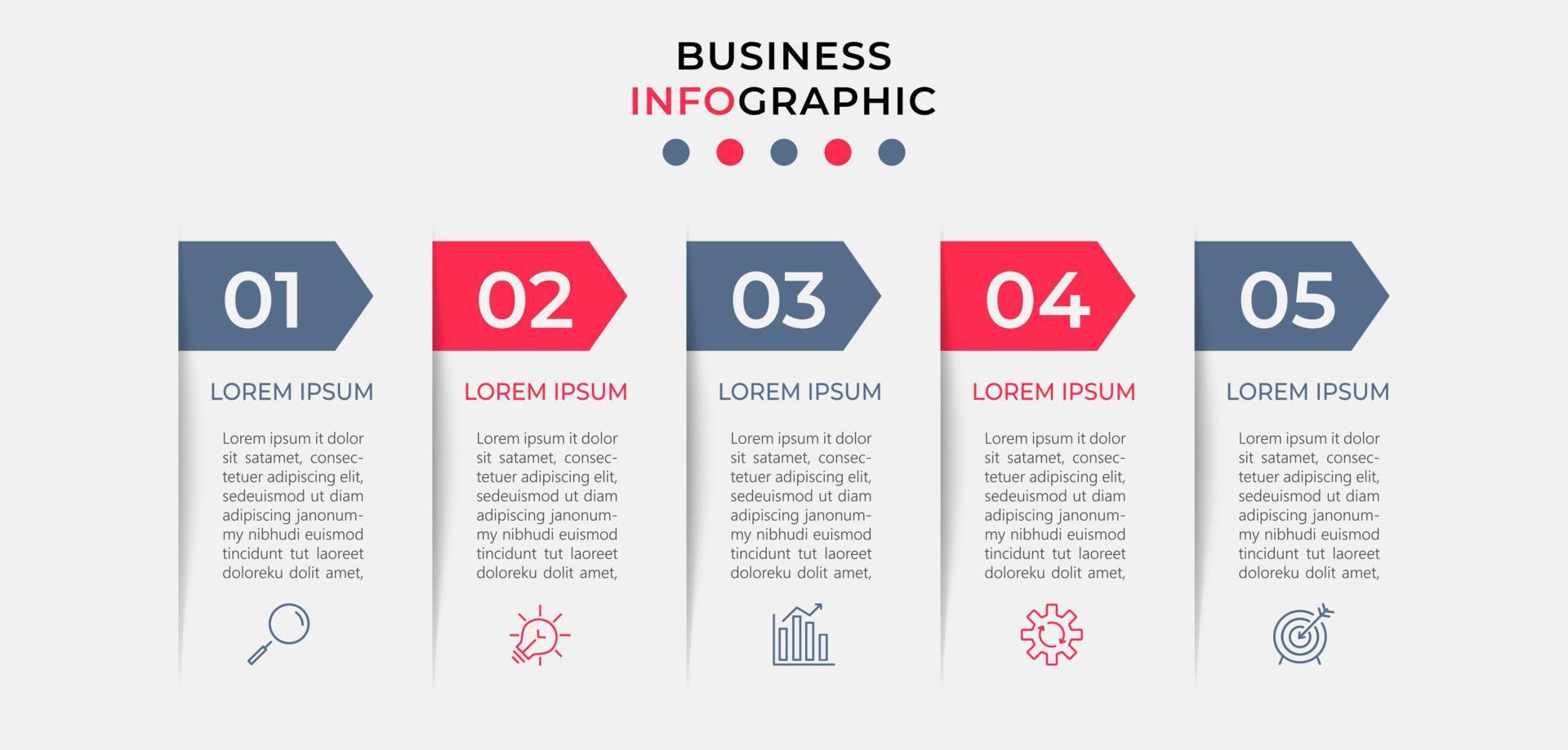 plantilla de negocio de diseño infográfico vectorial con iconos y 5 opciones o pasos. se puede utilizar para diagramas de proceso, presentaciones, diseño de flujo de trabajo, pancarta, diagrama de flujo, gráfico de información vector