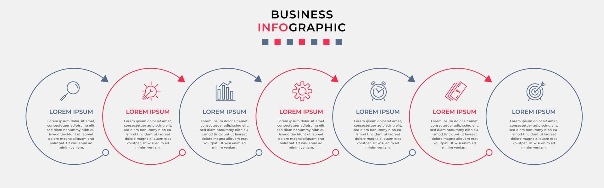 Business Infographic design template Vector with icons and 7 options or steps. Can be used for process diagram, presentations, workflow layout, banner, flow chart, info graph