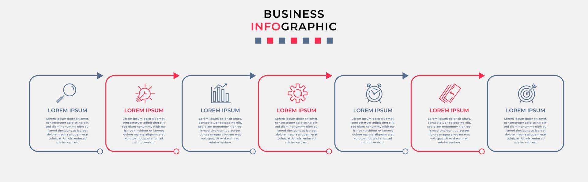 Business Infographic design template Vector with icons and 7 options or steps. Can be used for process diagram, presentations, workflow layout, banner, flow chart, info graph