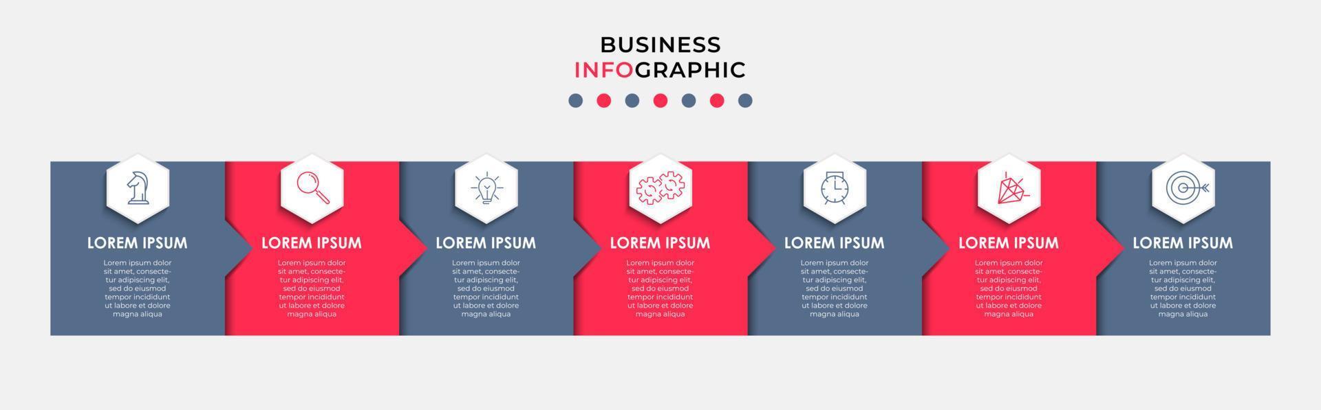 Business Infographic design template Vector with icons and 7 options or steps. Can be used for process diagram, presentations, workflow layout, banner, flow chart, info graph