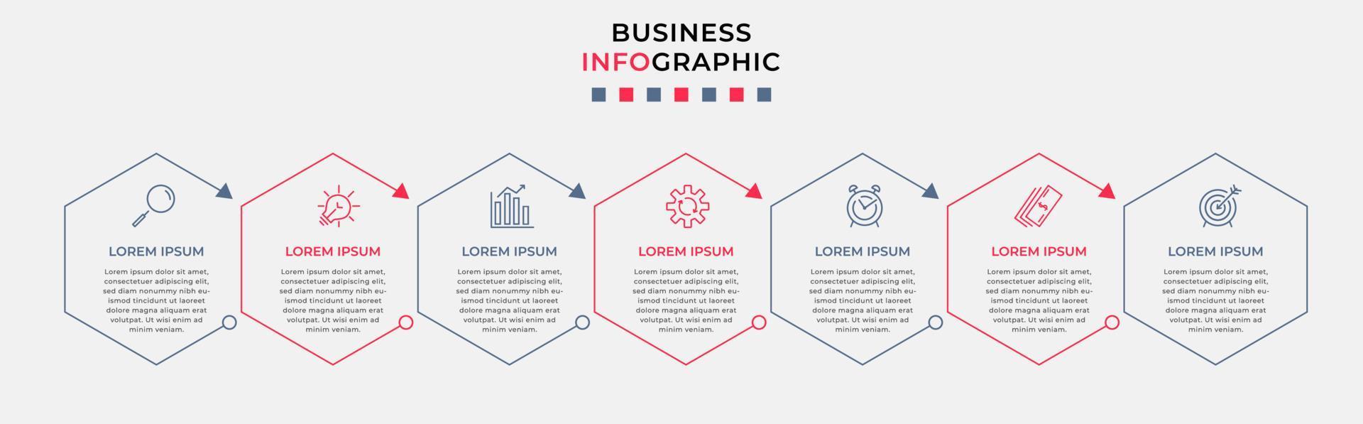 Business Infographic design template Vector with icons and 7 options or steps. Can be used for process diagram, presentations, workflow layout, banner, flow chart, info graph