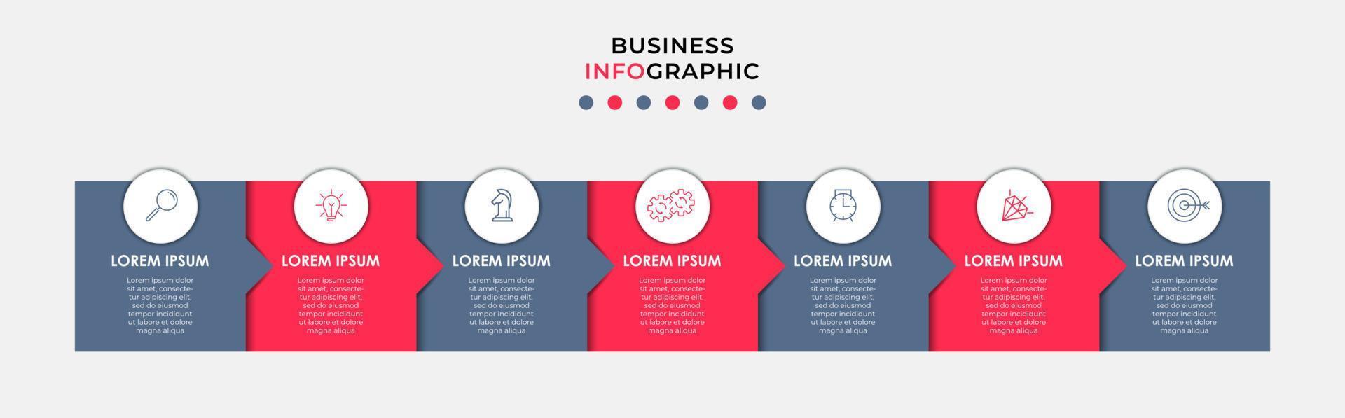 vector de plantilla de diseño infográfico empresarial con iconos y 7 opciones o pasos. se puede utilizar para diagramas de proceso, presentaciones, diseño de flujo de trabajo, pancarta, diagrama de flujo, gráfico de información