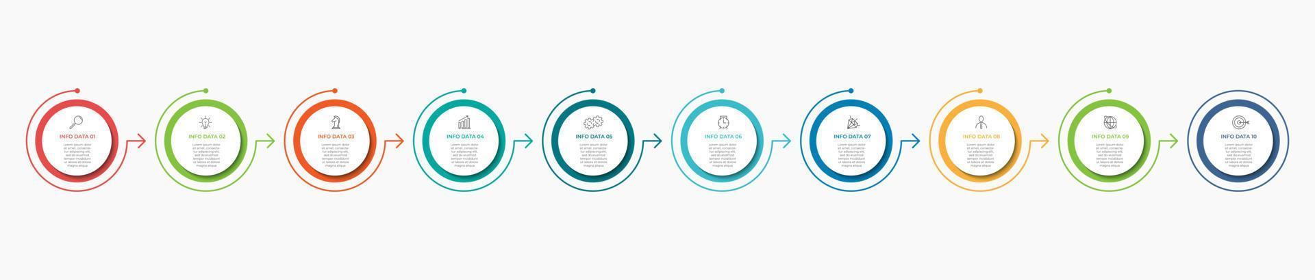 plantilla de infografía empresarial moderna. Línea de tiempo con 10 pasos, opciones e íconos de marketing. Infografía lineal vectorial con dos elementos conectados en círculo. puede ser utilizado para la presentación. vector