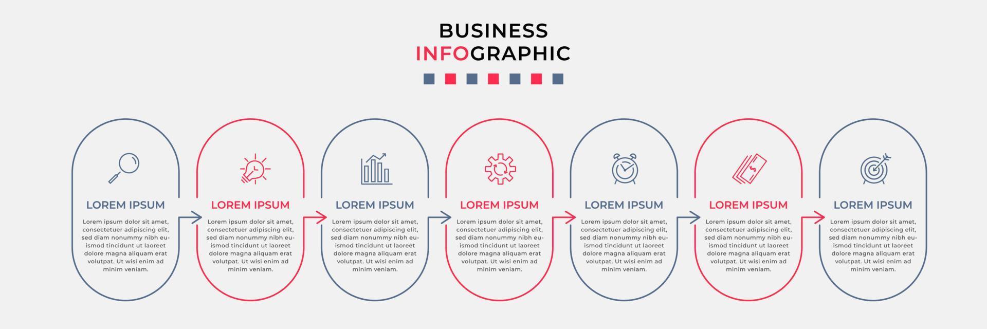 Business Infographic design template Vector with icons and 7 options or steps. Can be used for process diagram, presentations, workflow layout, banner, flow chart, info graph