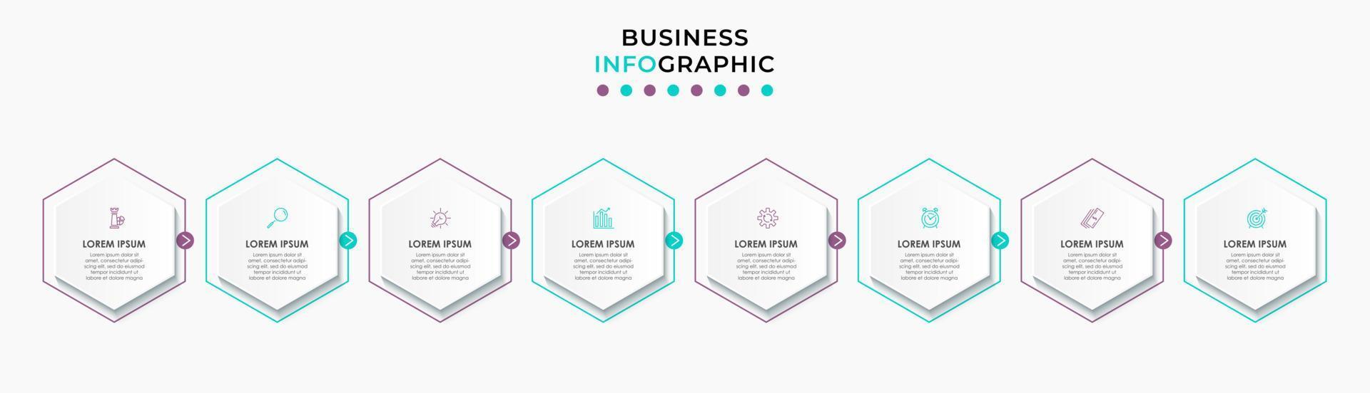 plantilla de negocio de diseño infográfico vectorial con iconos y 8 opciones o pasos. se puede utilizar para diagramas de proceso, presentaciones, diseño de flujo de trabajo, pancarta, diagrama de flujo, gráfico de información vector