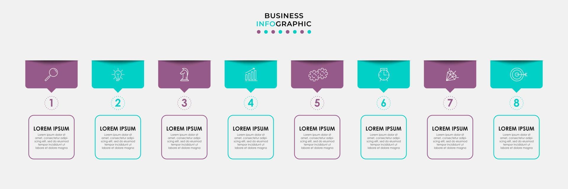 plantilla de negocio de diseño infográfico vectorial con iconos y 8 opciones o pasos. se puede utilizar para diagramas de proceso, presentaciones, diseño de flujo de trabajo, pancarta, diagrama de flujo, gráfico de información vector