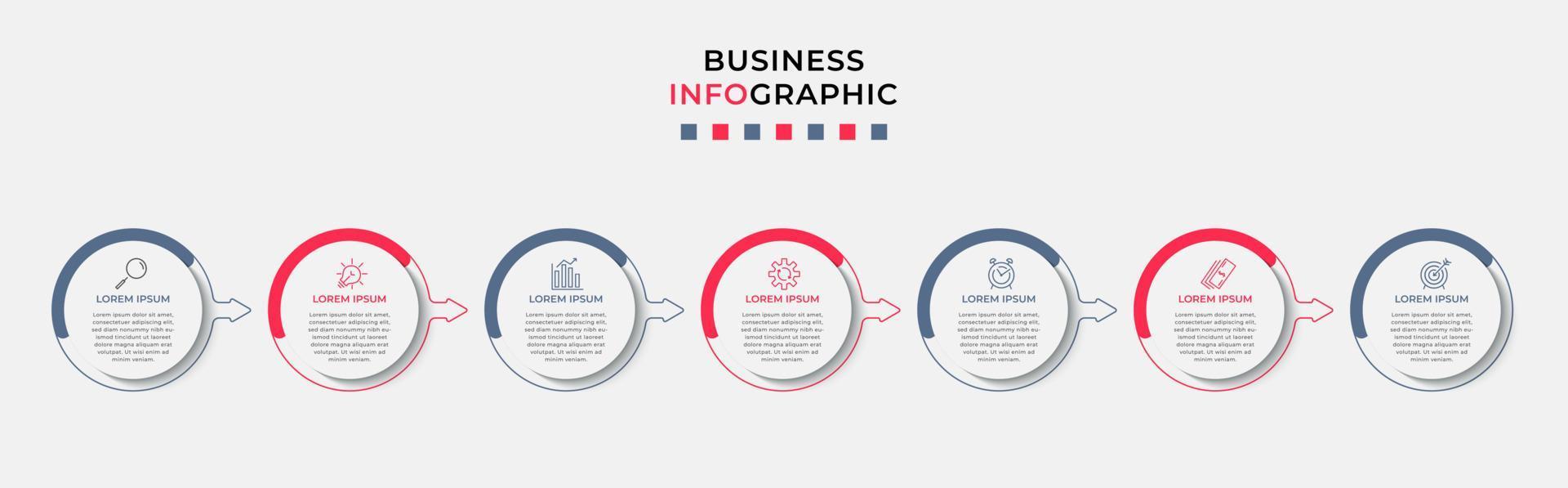 Business Infographic design template Vector with icons and 7 options or steps. Can be used for process diagram, presentations, workflow layout, banner, flow chart, info graph