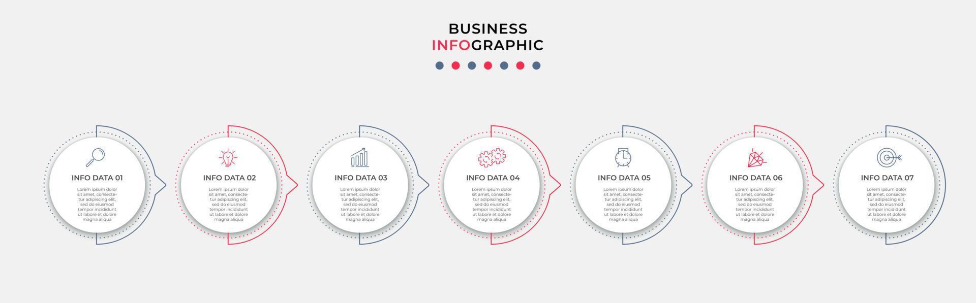 Business Infographic design template Vector with icons and 7 options or steps. Can be used for process diagram, presentations, workflow layout, banner, flow chart, info graph