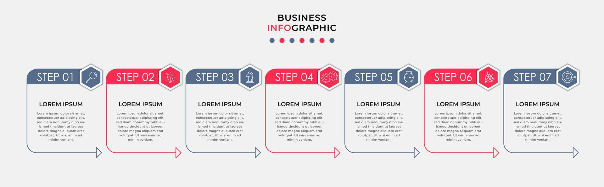 Business Infographic design template Vector with icons and 7 options or steps. Can be used for process diagram, presentations, workflow layout, banner, flow chart, info graph