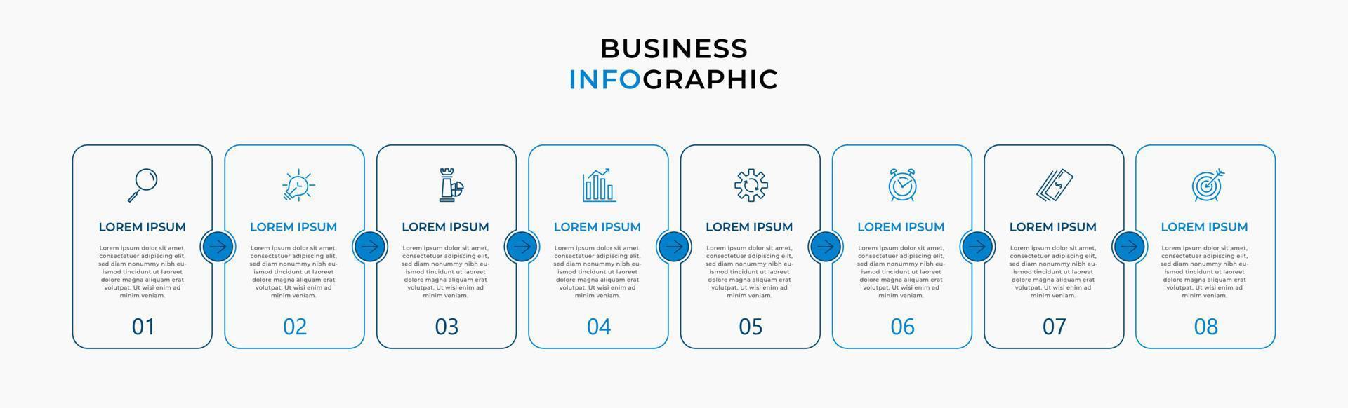 Vector Infographic design business template with icons and 8 options or steps. Can be used for process diagram, presentations, workflow layout, banner, flow chart, info graph