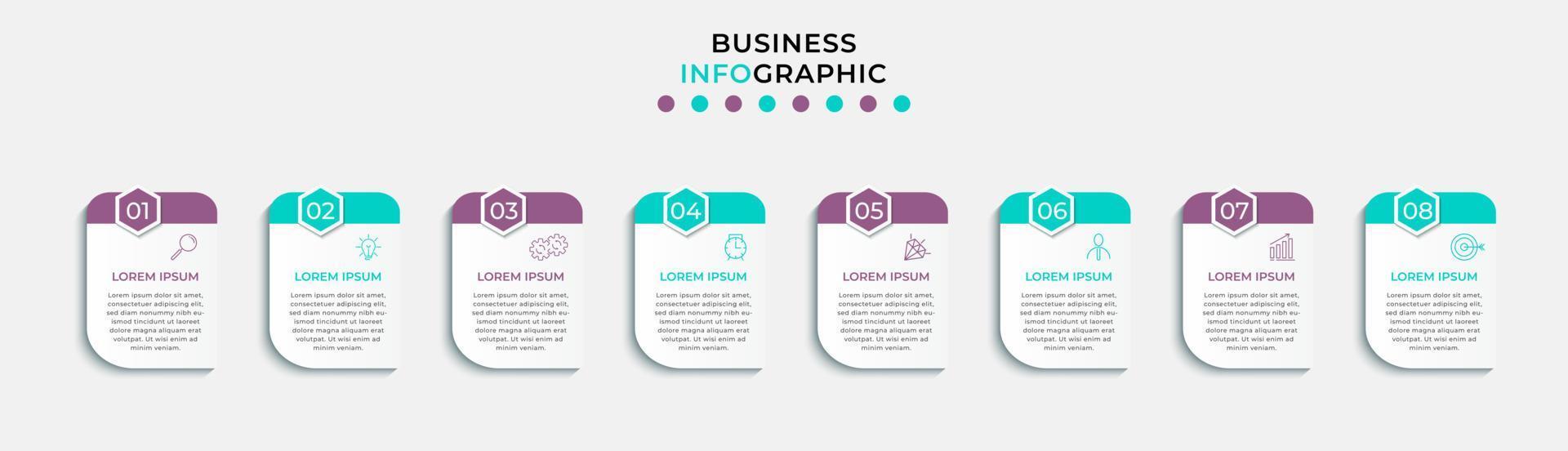 Vector Infographic design business template with icons and 8 options or steps. Can be used for process diagram, presentations, workflow layout, banner, flow chart, info graph