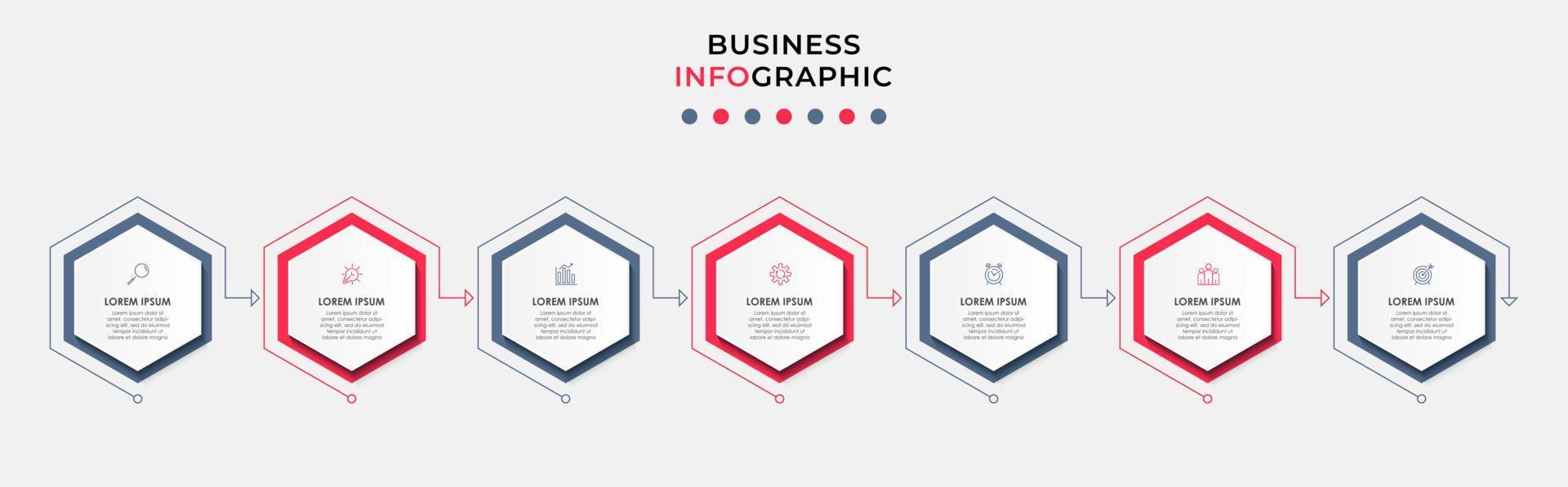 Business Infographic design template Vector with icons and 7 options or steps. Can be used for process diagram, presentations, workflow layout, banner, flow chart, info graph