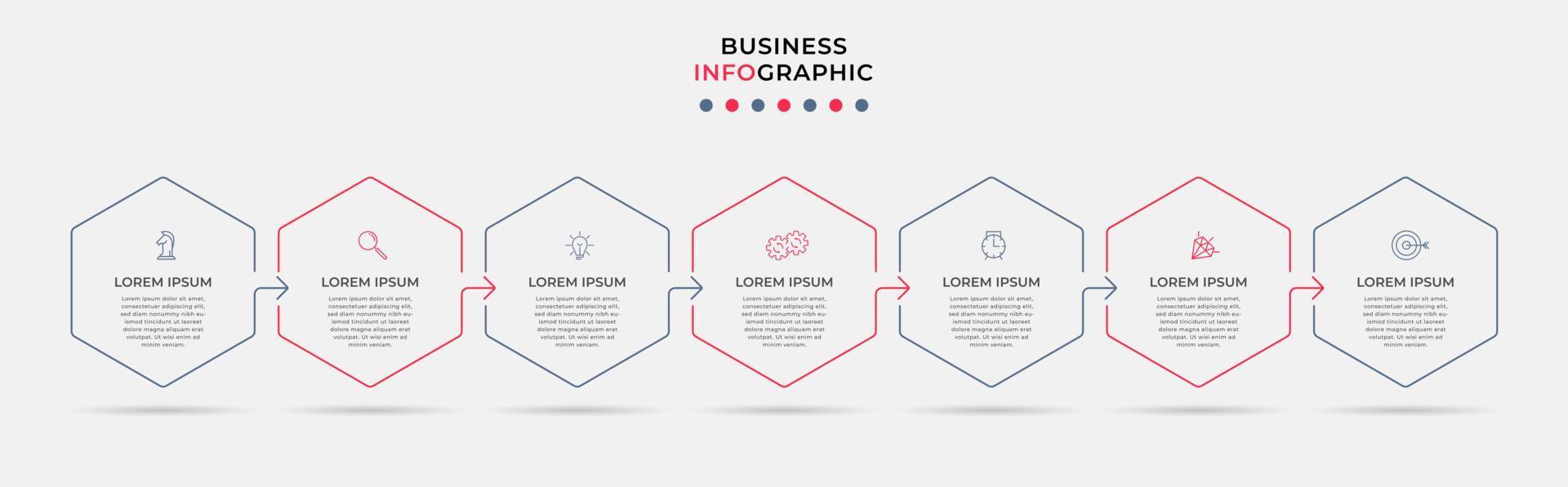 vector de plantilla de diseño infográfico empresarial con iconos y 7 opciones o pasos. se puede utilizar para diagramas de proceso, presentaciones, diseño de flujo de trabajo, pancarta, diagrama de flujo, gráfico de información