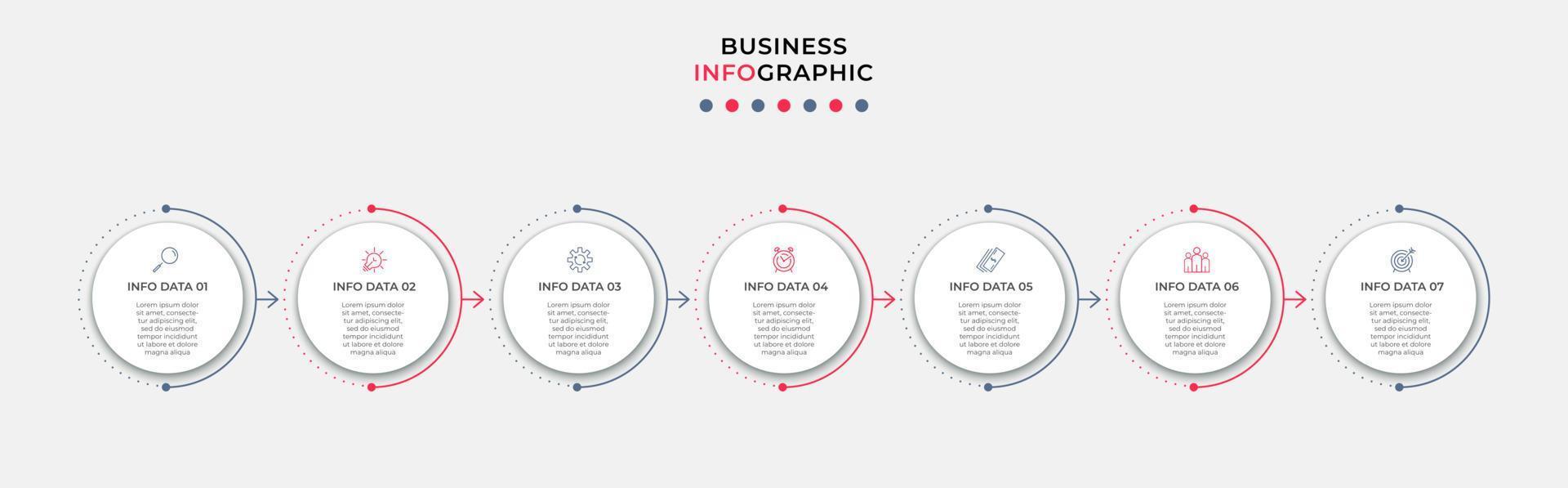 Business Infographic design template Vector with icons and 7 options or steps. Can be used for process diagram, presentations, workflow layout, banner, flow chart, info graph