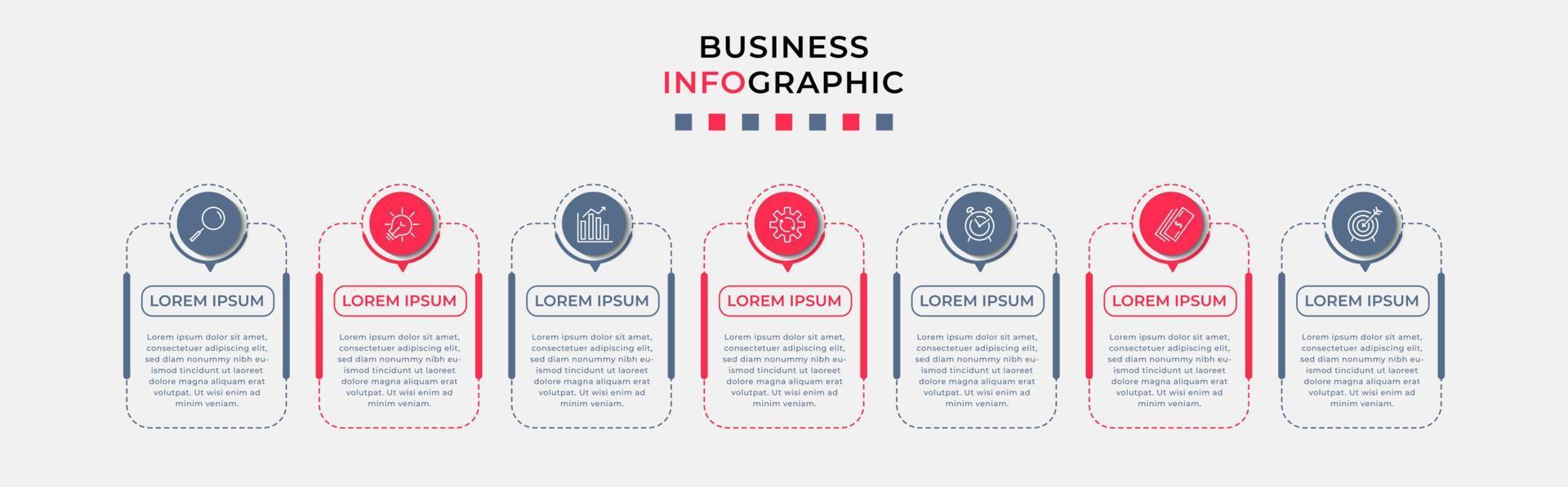 Business Infographic design template Vector with icons and 7 options or steps. Can be used for process diagram, presentations, workflow layout, banner, flow chart, info graph