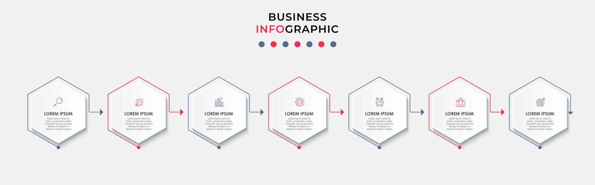 Business Infographic design template Vector with icons and 7 options or steps. Can be used for process diagram, presentations, workflow layout, banner, flow chart, info graph