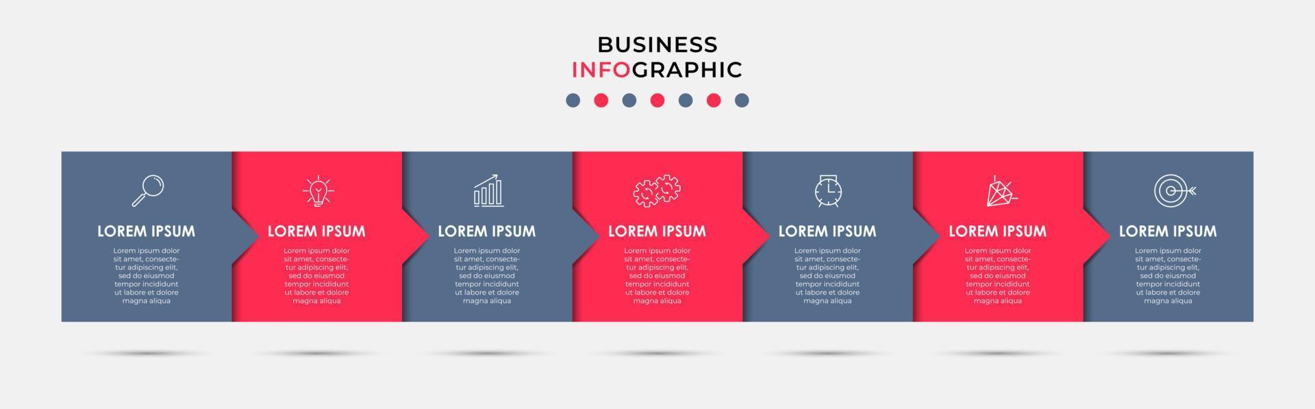 Business Infographic design template Vector with icons and 7 options or steps. Can be used for process diagram, presentations, workflow layout, banner, flow chart, info graph