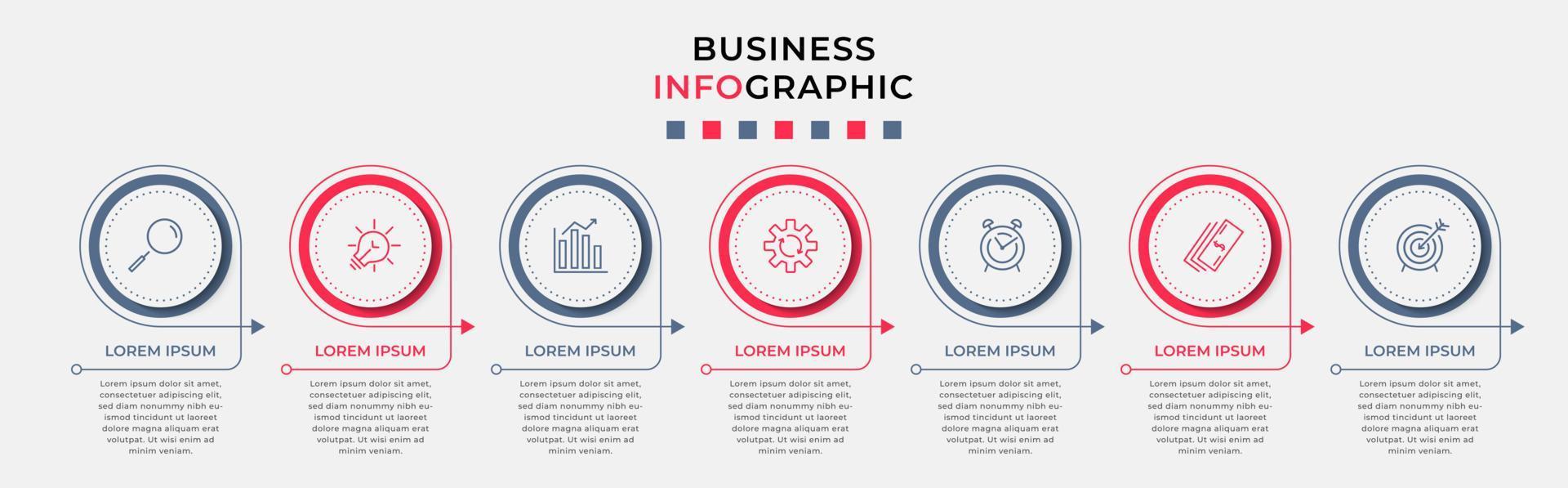 Business Infographic design template Vector with icons and 7 options or steps. Can be used for process diagram, presentations, workflow layout, banner, flow chart, info graph