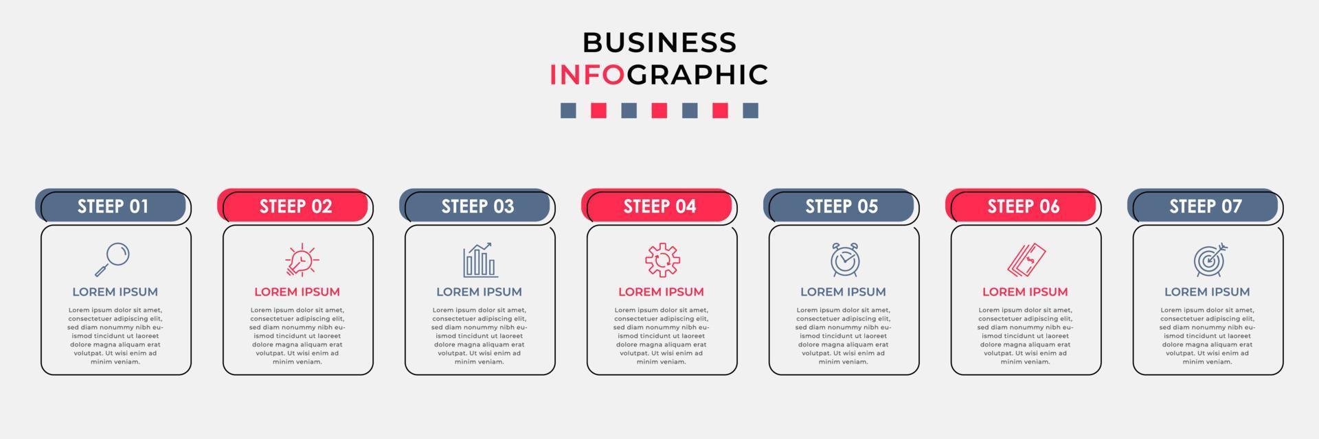 Business Infographic design template Vector with icons and 7 options or steps. Can be used for process diagram, presentations, workflow layout, banner, flow chart, info graph