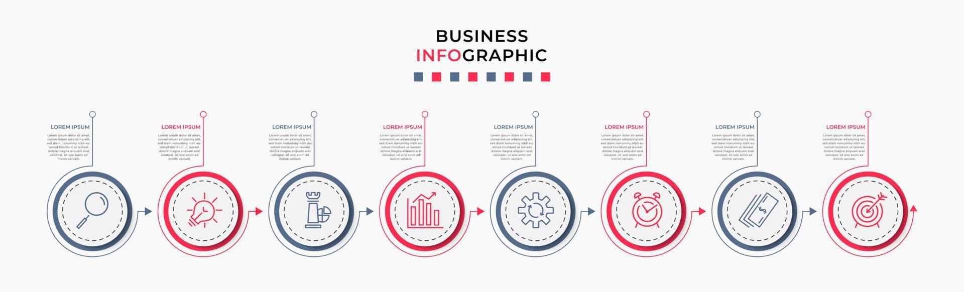 Vector Infographic design business template with icons and 8 options or steps. Can be used for process diagram, presentations, workflow layout, banner, flow chart, info graph