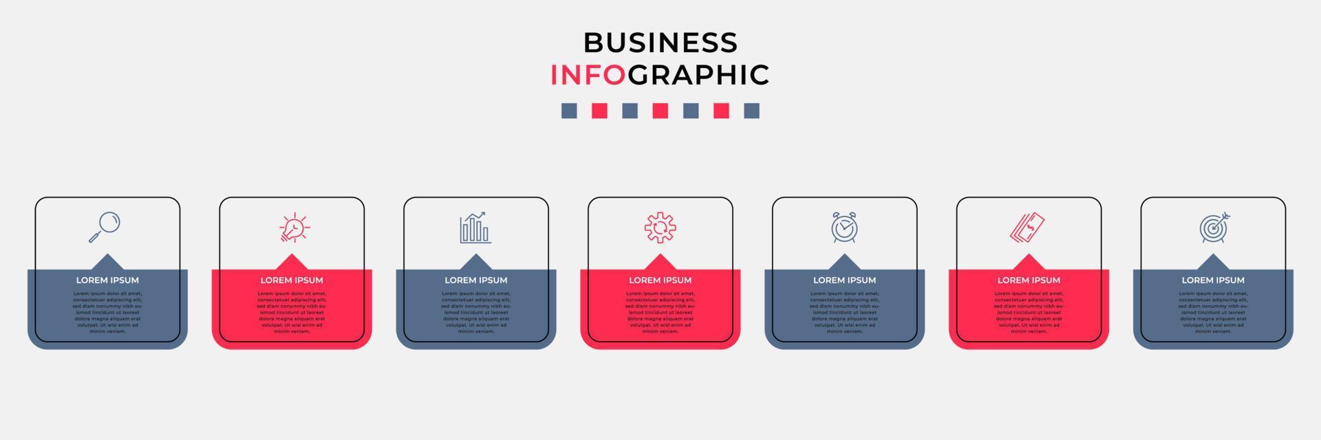 Business Infographic design template Vector with icons and 7 options or steps. Can be used for process diagram, presentations, workflow layout, banner, flow chart, info graph