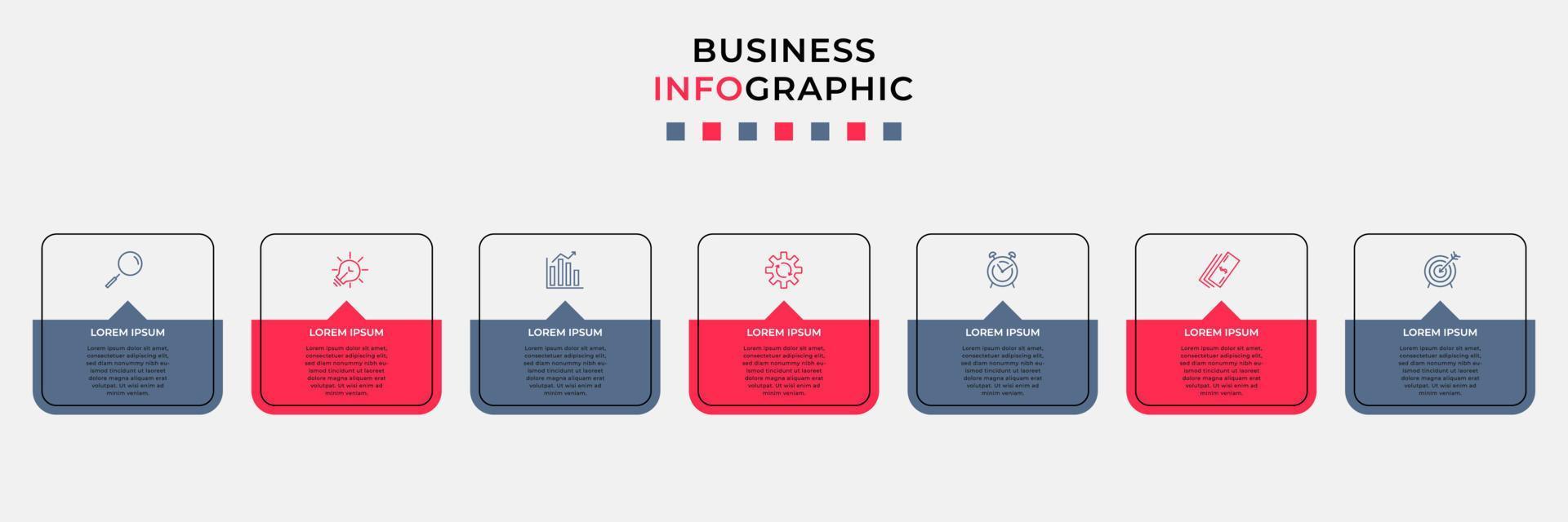 vector de plantilla de diseño infográfico empresarial con iconos y 7 opciones o pasos. se puede utilizar para diagramas de proceso, presentaciones, diseño de flujo de trabajo, pancarta, diagrama de flujo, gráfico de información