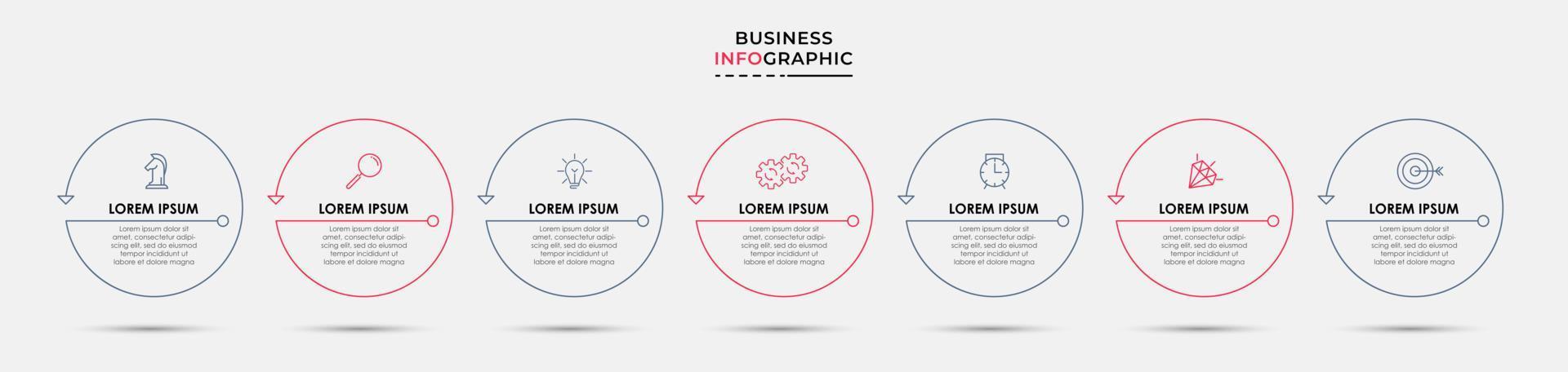 Business Infographic design template Vector with icons and 7 options or steps. Can be used for process diagram, presentations, workflow layout, banner, flow chart, info graph