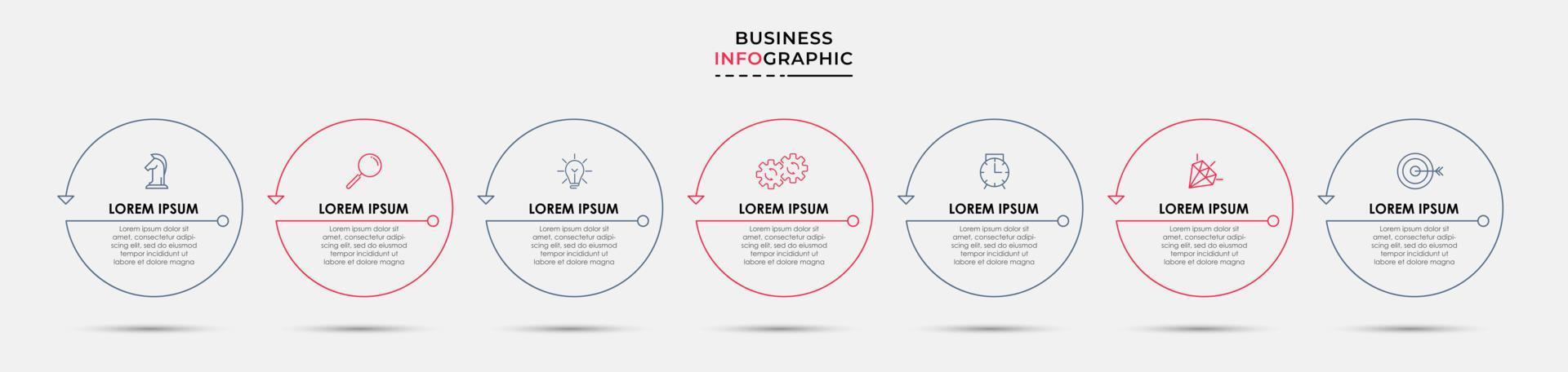 vector de plantilla de diseño infográfico empresarial con iconos y 7 opciones o pasos. se puede utilizar para diagramas de proceso, presentaciones, diseño de flujo de trabajo, pancarta, diagrama de flujo, gráfico de información