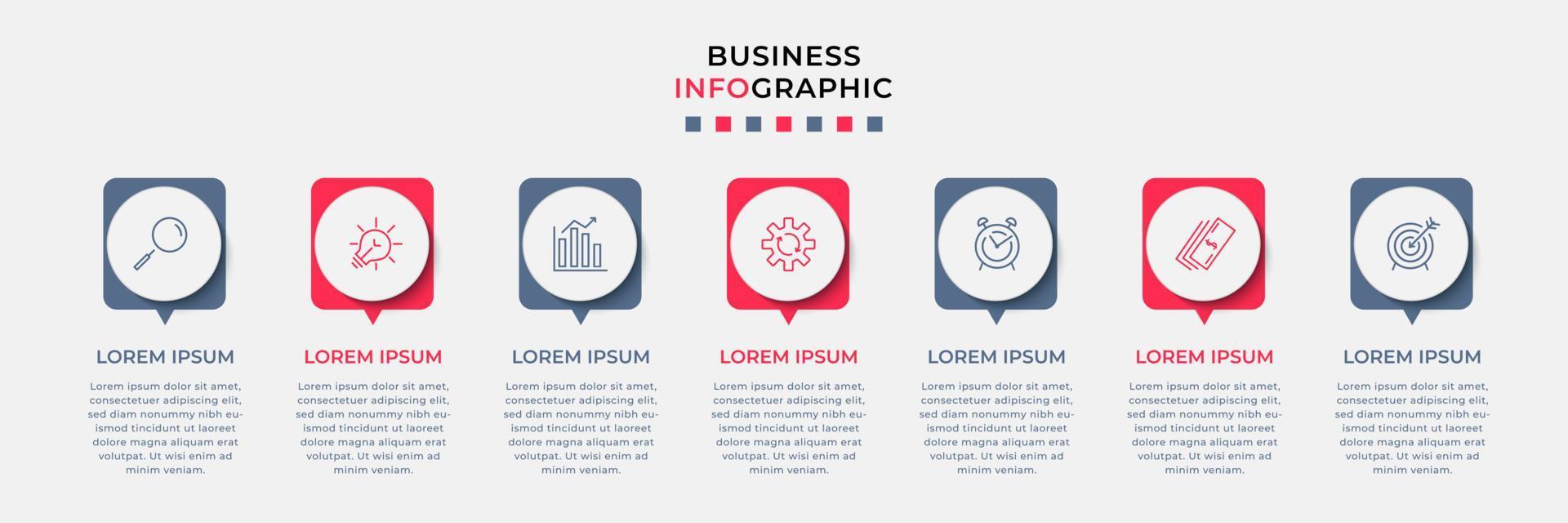 Business Infographic design template Vector with icons and 7 options or steps. Can be used for process diagram, presentations, workflow layout, banner, flow chart, info graph