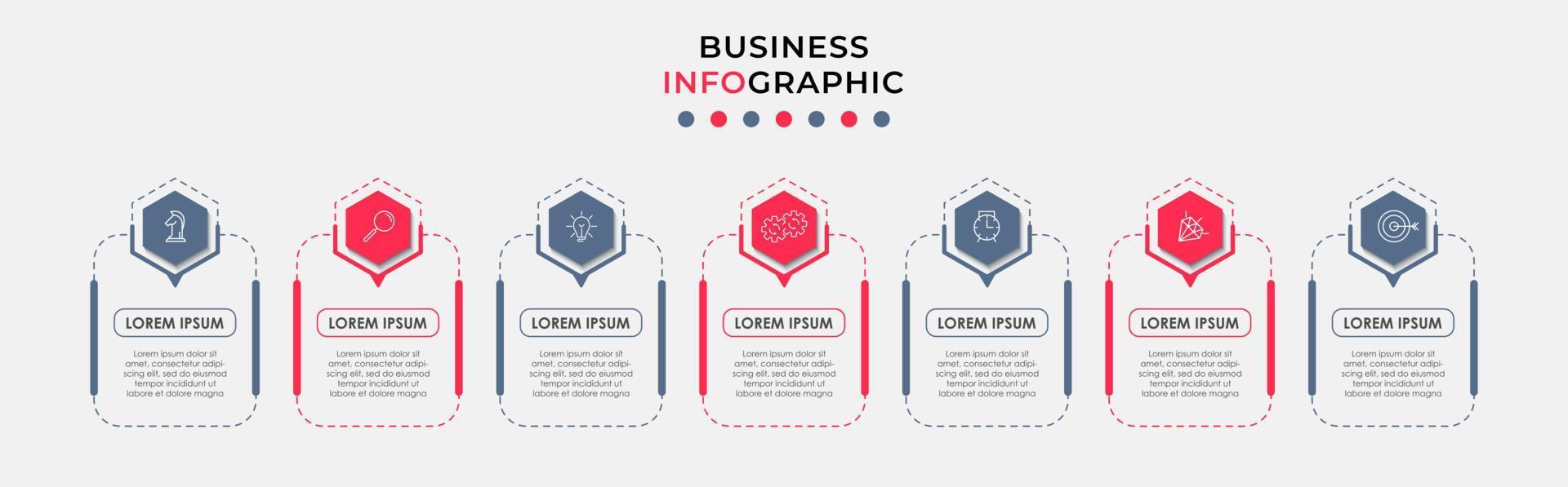 Business Infographic design template Vector with icons and 7 options or steps. Can be used for process diagram, presentations, workflow layout, banner, flow chart, info graph