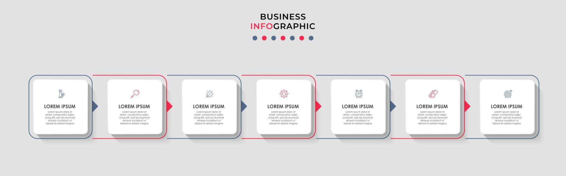 Business Infographic design template Vector with icons and 7 options or steps. Can be used for process diagram, presentations, workflow layout, banner, flow chart, info graph