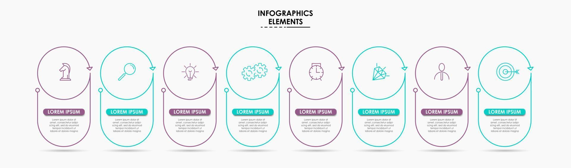 plantilla de negocio de diseño infográfico vectorial con iconos y 8 opciones o pasos. se puede utilizar para diagramas de proceso, presentaciones, diseño de flujo de trabajo, pancarta, diagrama de flujo, gráfico de información vector