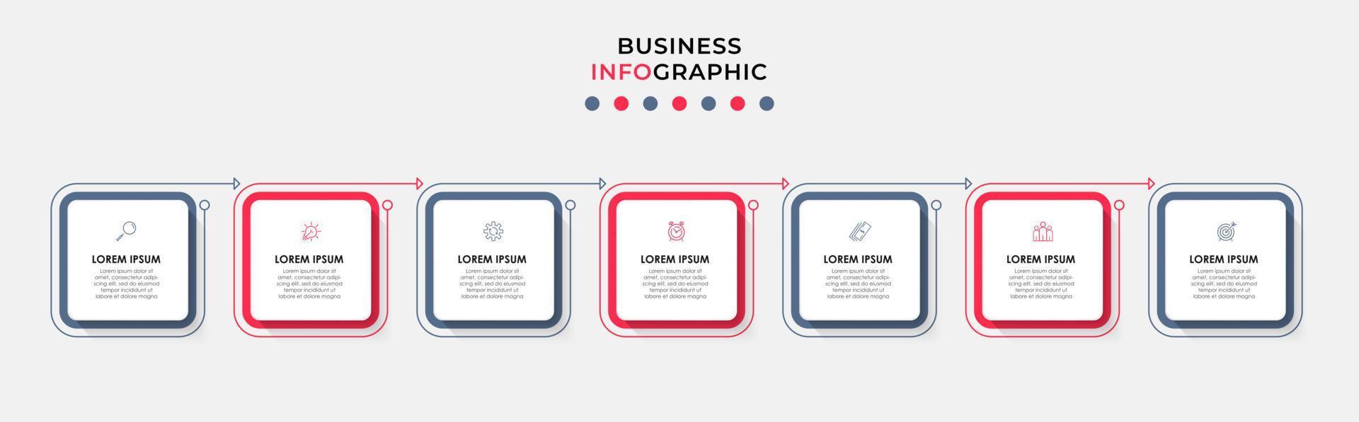 Business Infographic design template Vector with icons and 7 options or steps. Can be used for process diagram, presentations, workflow layout, banner, flow chart, info graph