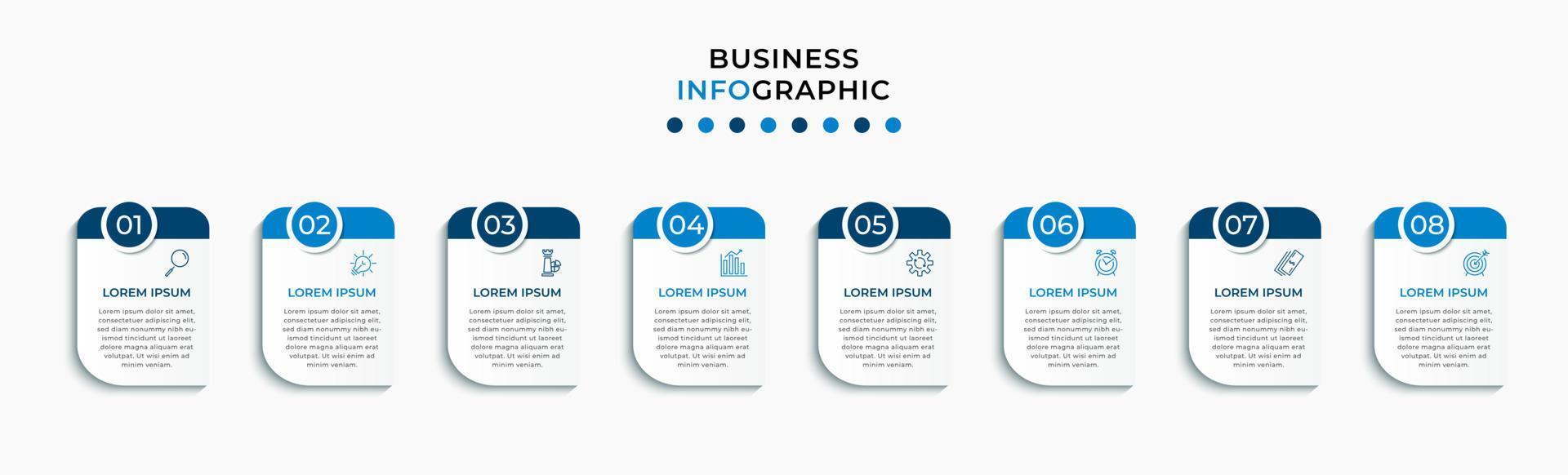 Vector Infographic design business template with icons and 8 options or steps. Can be used for process diagram, presentations, workflow layout, banner, flow chart, info graph