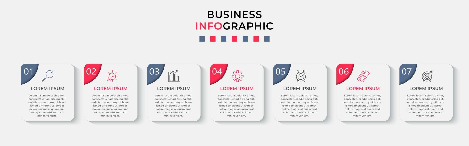 vector de plantilla de diseño infográfico empresarial con iconos y 7 opciones o pasos. se puede utilizar para diagramas de proceso, presentaciones, diseño de flujo de trabajo, pancarta, diagrama de flujo, gráfico de información