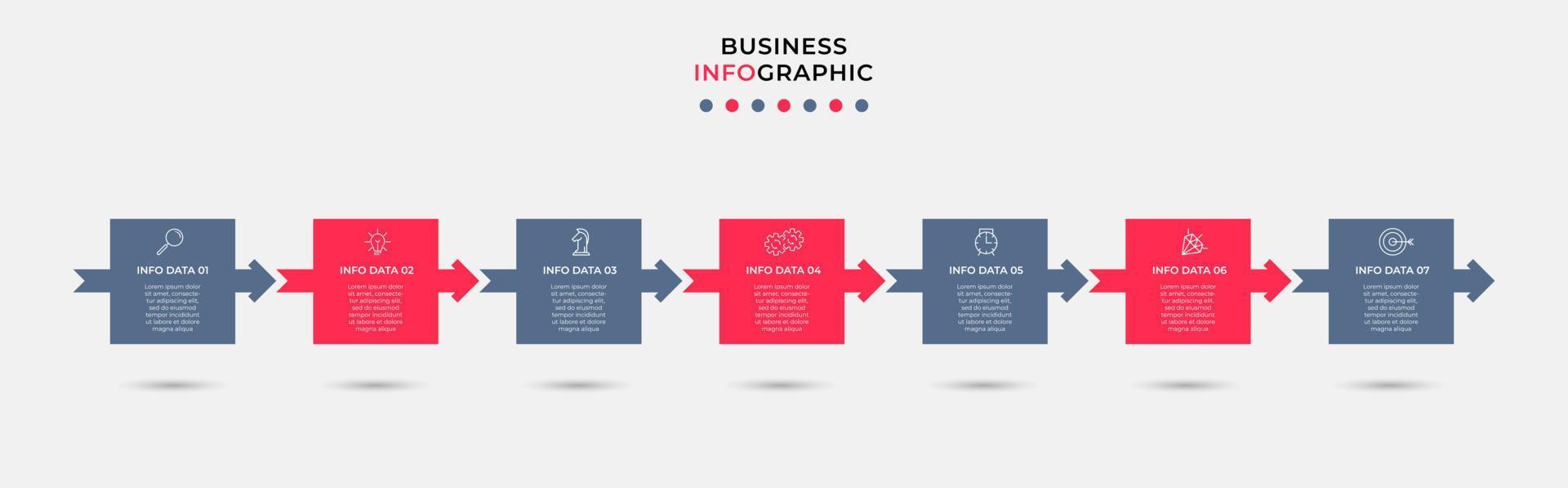 Business Infographic design template Vector with icons and 7 options or steps. Can be used for process diagram, presentations, workflow layout, banner, flow chart, info graph