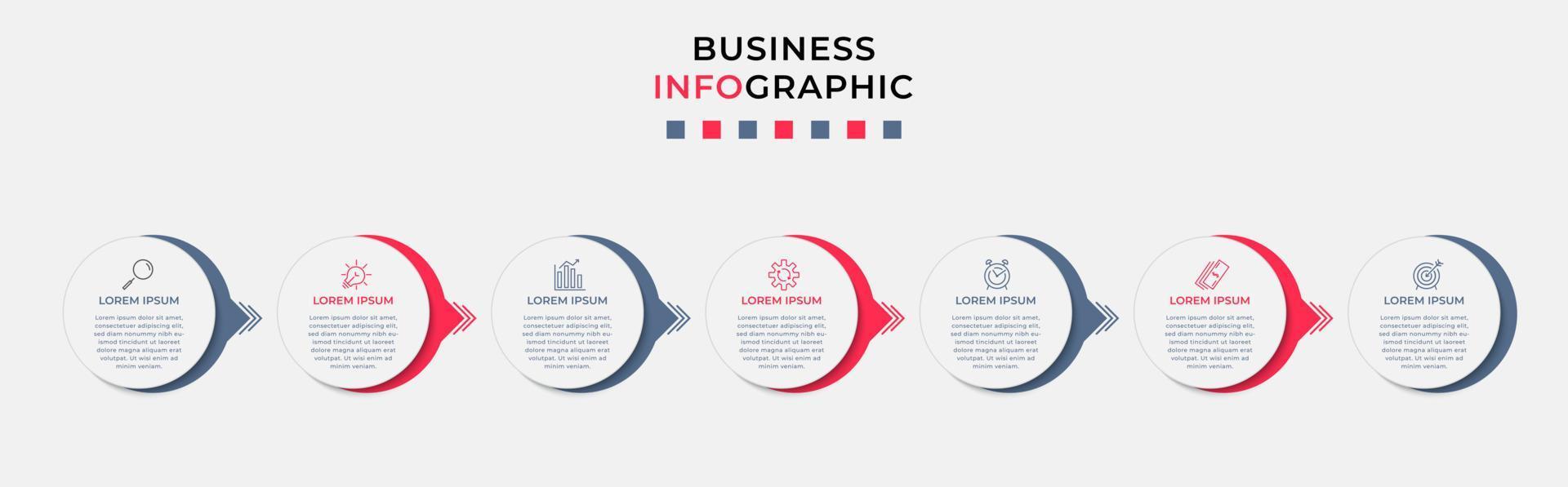 Business Infographic design template Vector with icons and 7 options or steps. Can be used for process diagram, presentations, workflow layout, banner, flow chart, info graph