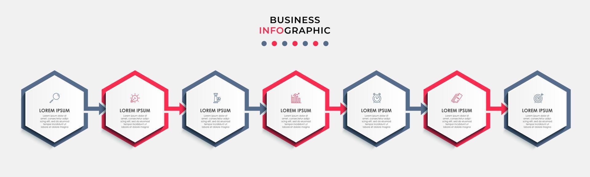 Business Infographic design template Vector with icons and 7 options or steps. Can be used for process diagram, presentations, workflow layout, banner, flow chart, info graph